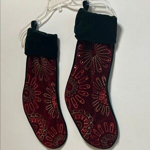 Red Velvet Christmas Stockings Red Green Embroidered Sequin Sunburst Set of 2